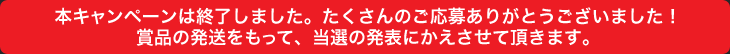 本キャンペーンは終了しました。たくさんのご応募ありがとうございました!賞品の発送をもって、当選の発表にかえさせて頂きます。